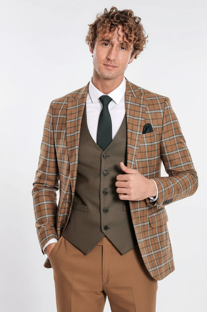 WSS Brown Vested Slim Fit Checked Tan Men Suit  - Tepalcatepec