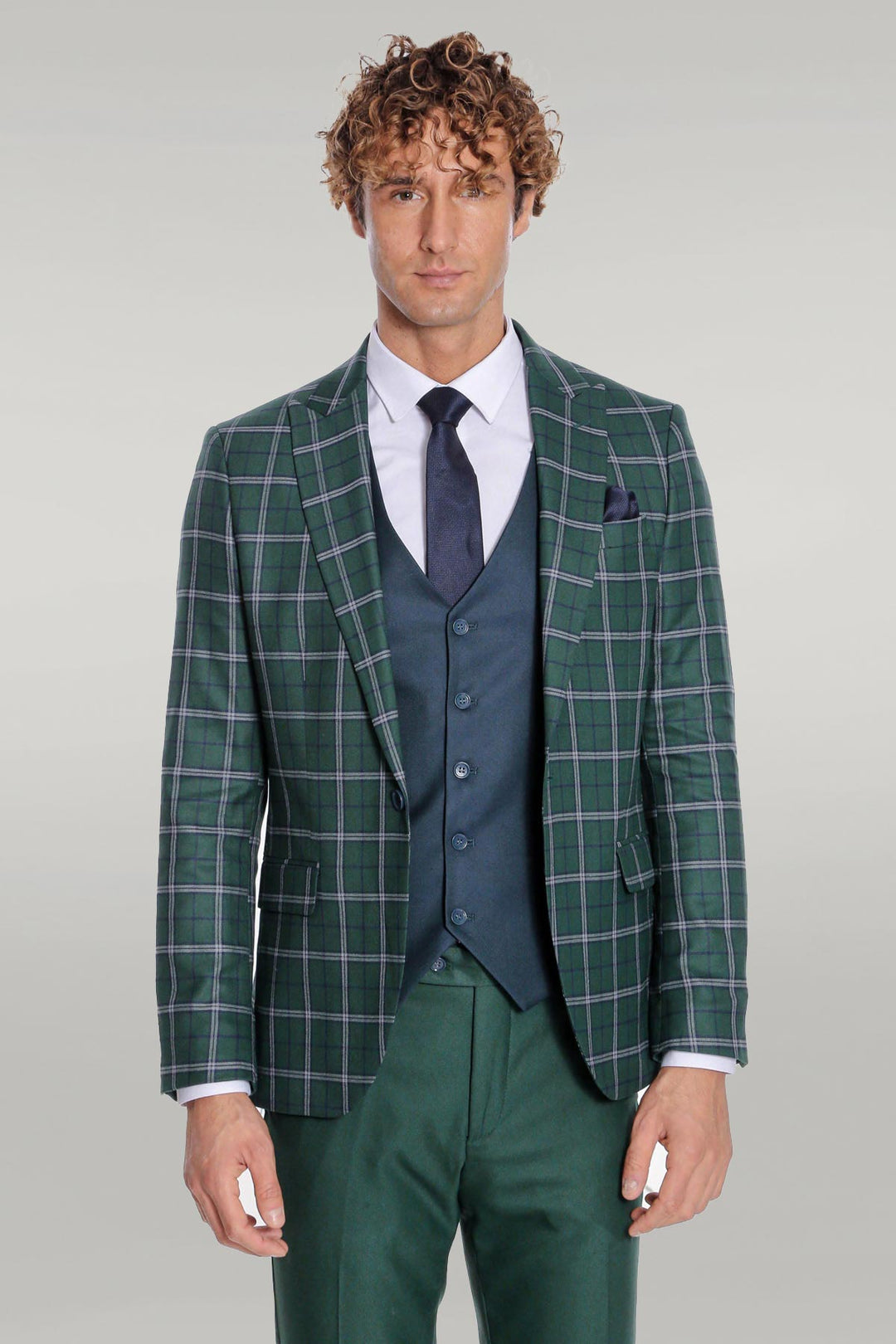 WSS Blue Vested Slim Fit Checked Green Men Suit  - Singen