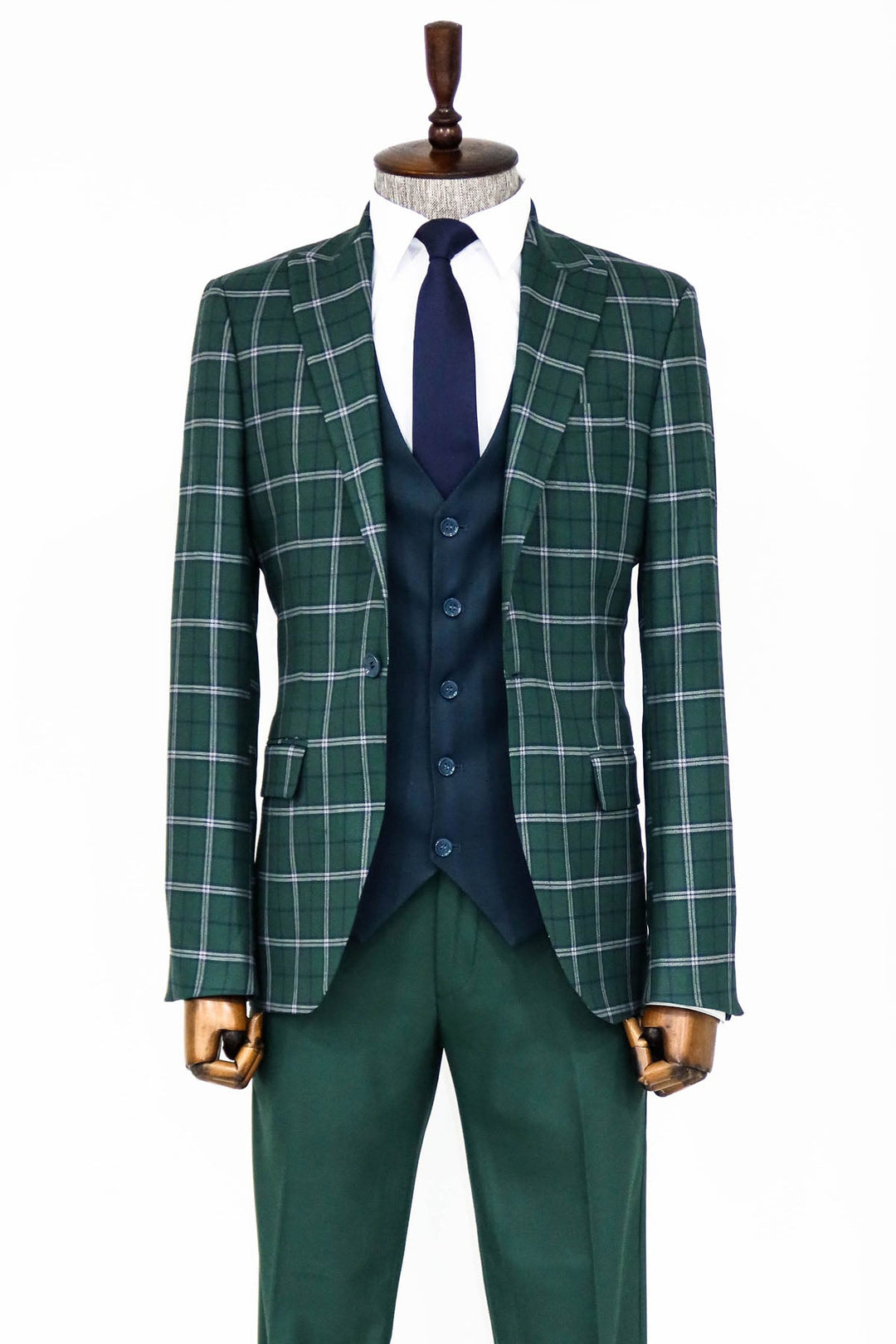 WSS Blue Vested Slim Fit Checked Green Men Suit and Shirt Combination - Titusville