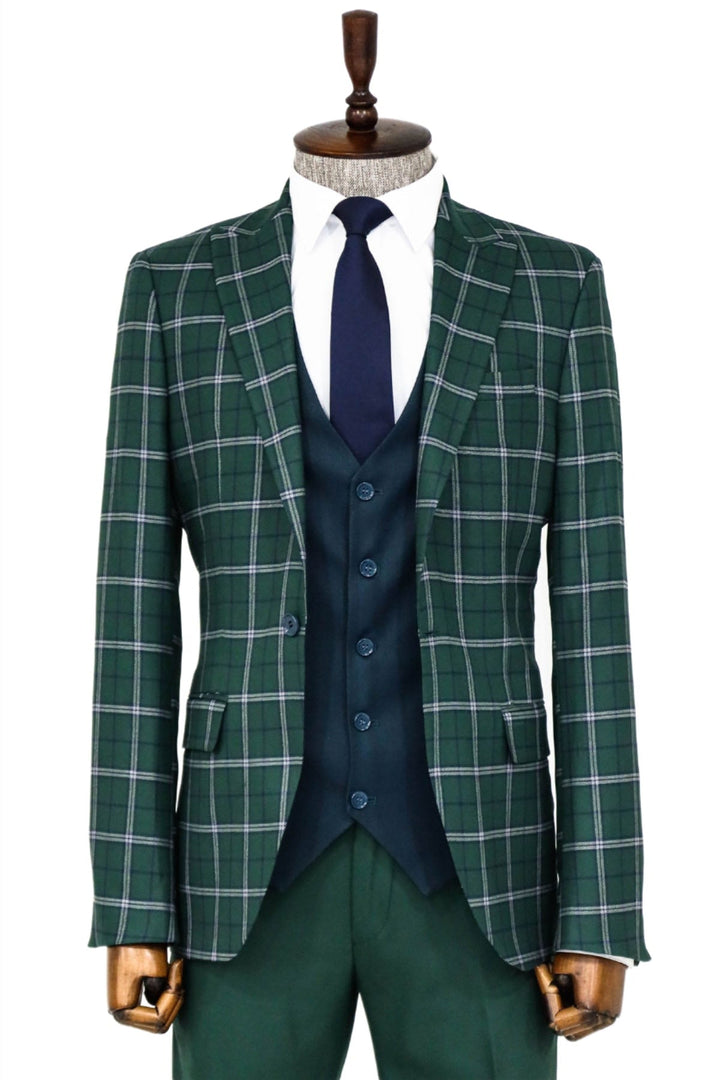 WSS Blue Vested Slim Fit Checked Green Men Suit and Shirt Combination - Titusville