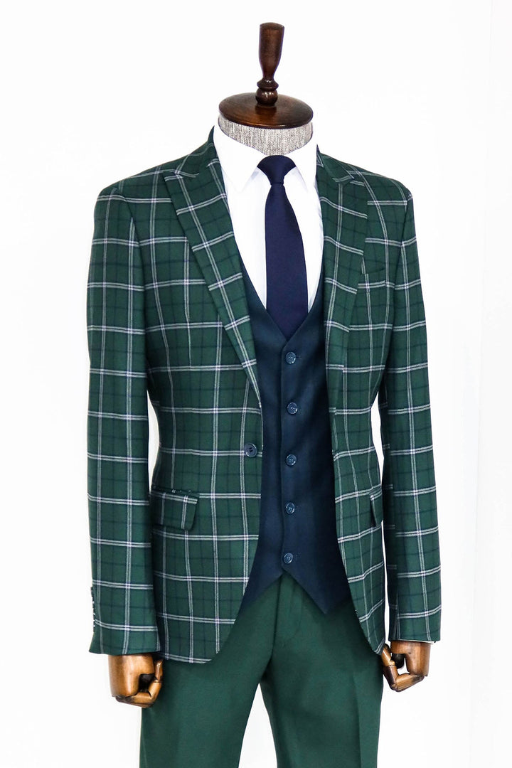 WSS Blue Vested Slim Fit Checked Green Men Suit and Shirt Combination - Titusville