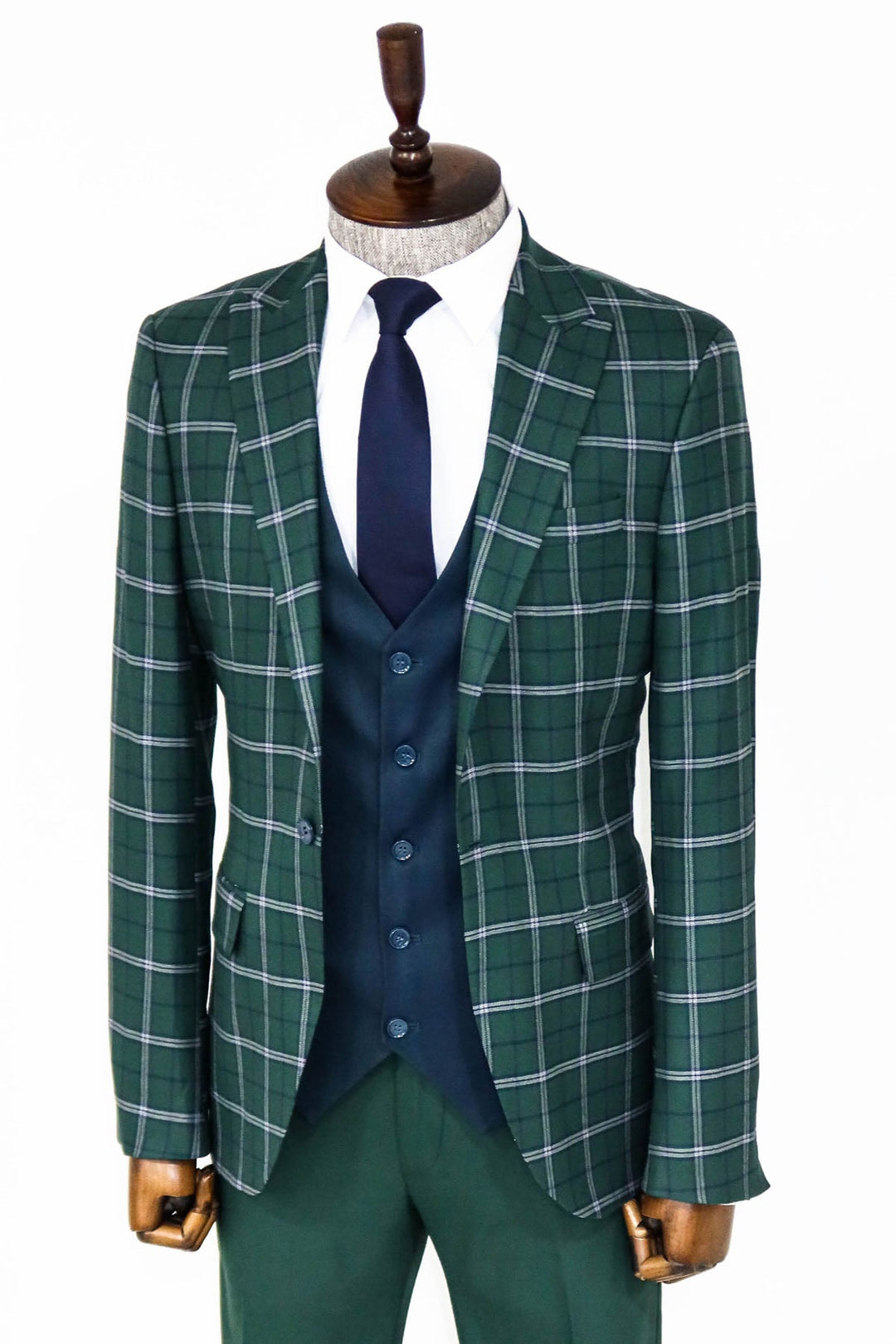 WSS Blue Vested Slim Fit Checked Green Men Suit and Shirt Combination - Titusville