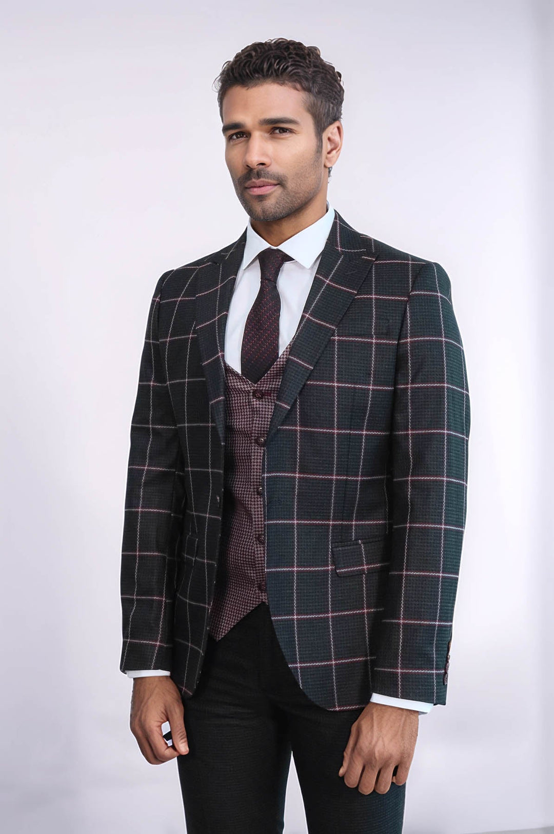 WSS Checked Patterned Slim Fit Black Men Suit  - Pokrovsk