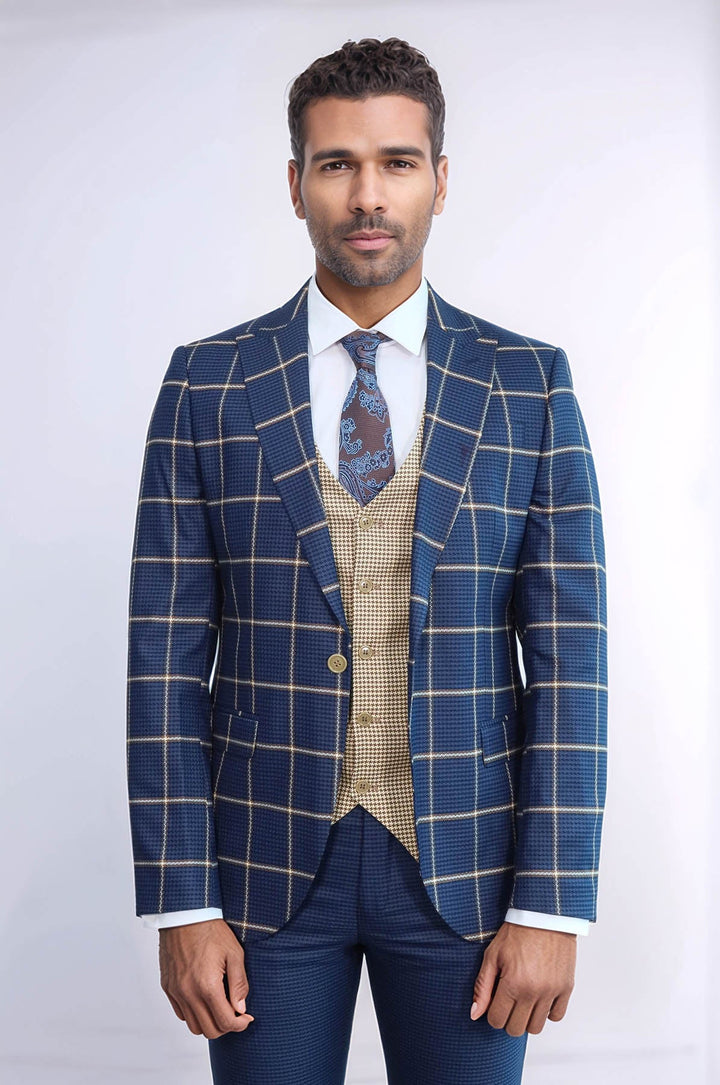WSS Checked Patterned Slim Fit Navy Blue Men Suit  - San Juan