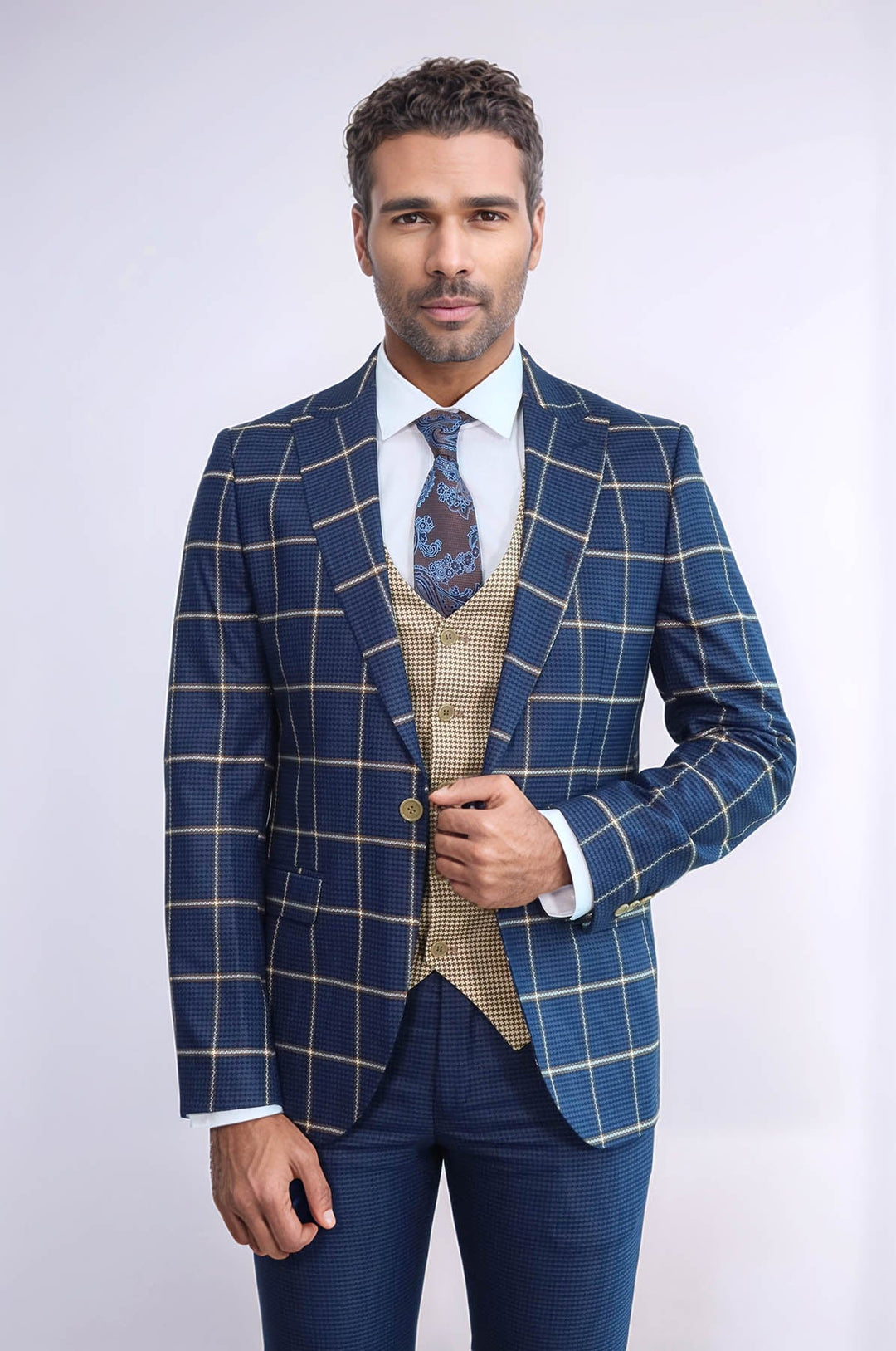 WSS Checked Patterned Slim Fit Navy Blue Men Suit  - San Juan