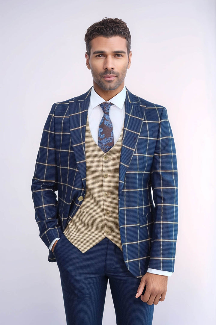 WSS Checked Patterned Slim Fit Navy Blue Men Suit  - San Juan