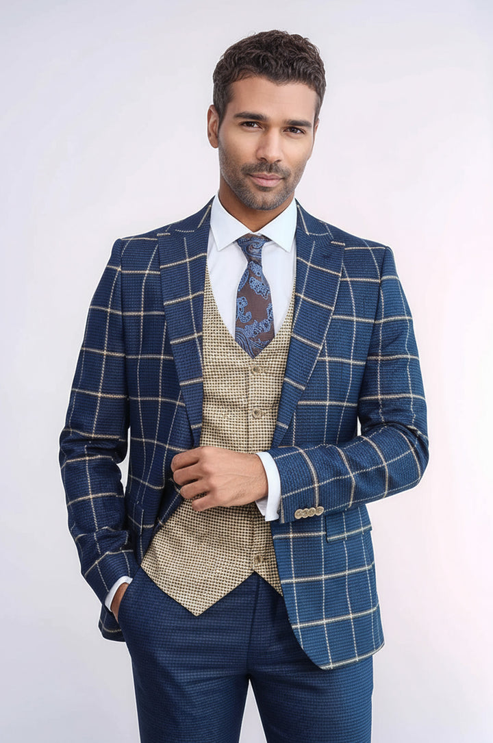 WSS Checked Patterned Slim Fit Navy Blue Men Suit  - Round Rock