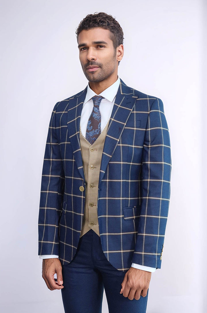 WSS Checked Patterned Slim Fit Navy Blue Men Suit  - San Juan