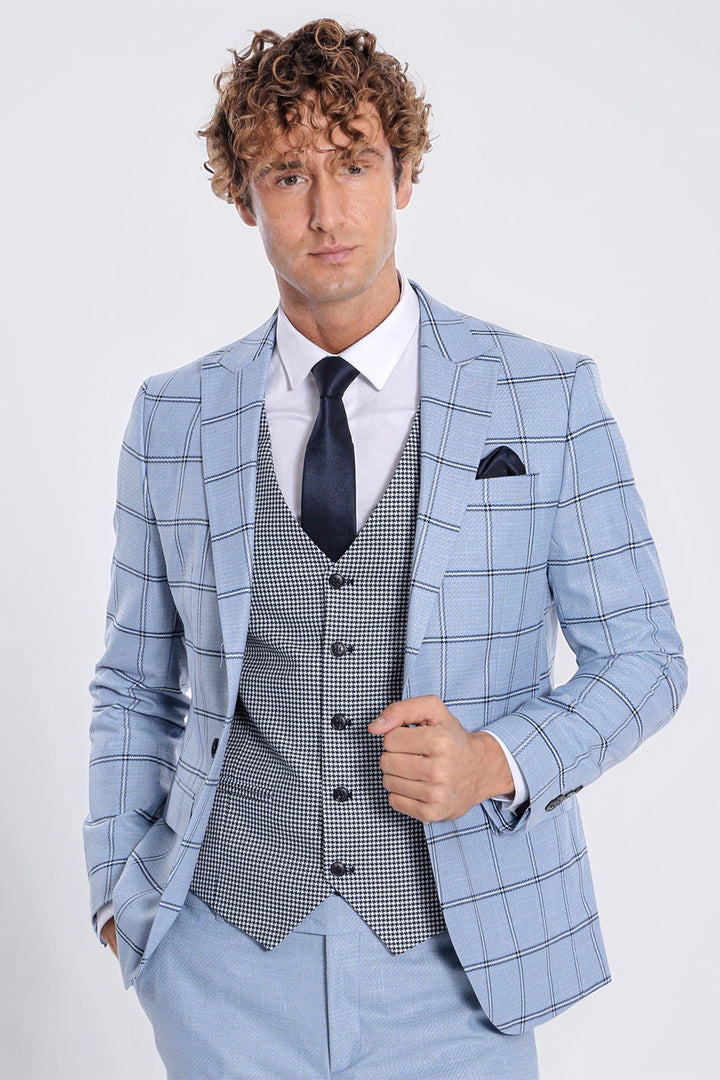 WSS Checked Patterned Slim Fit Light Blue Men Suit  - Steinfurt