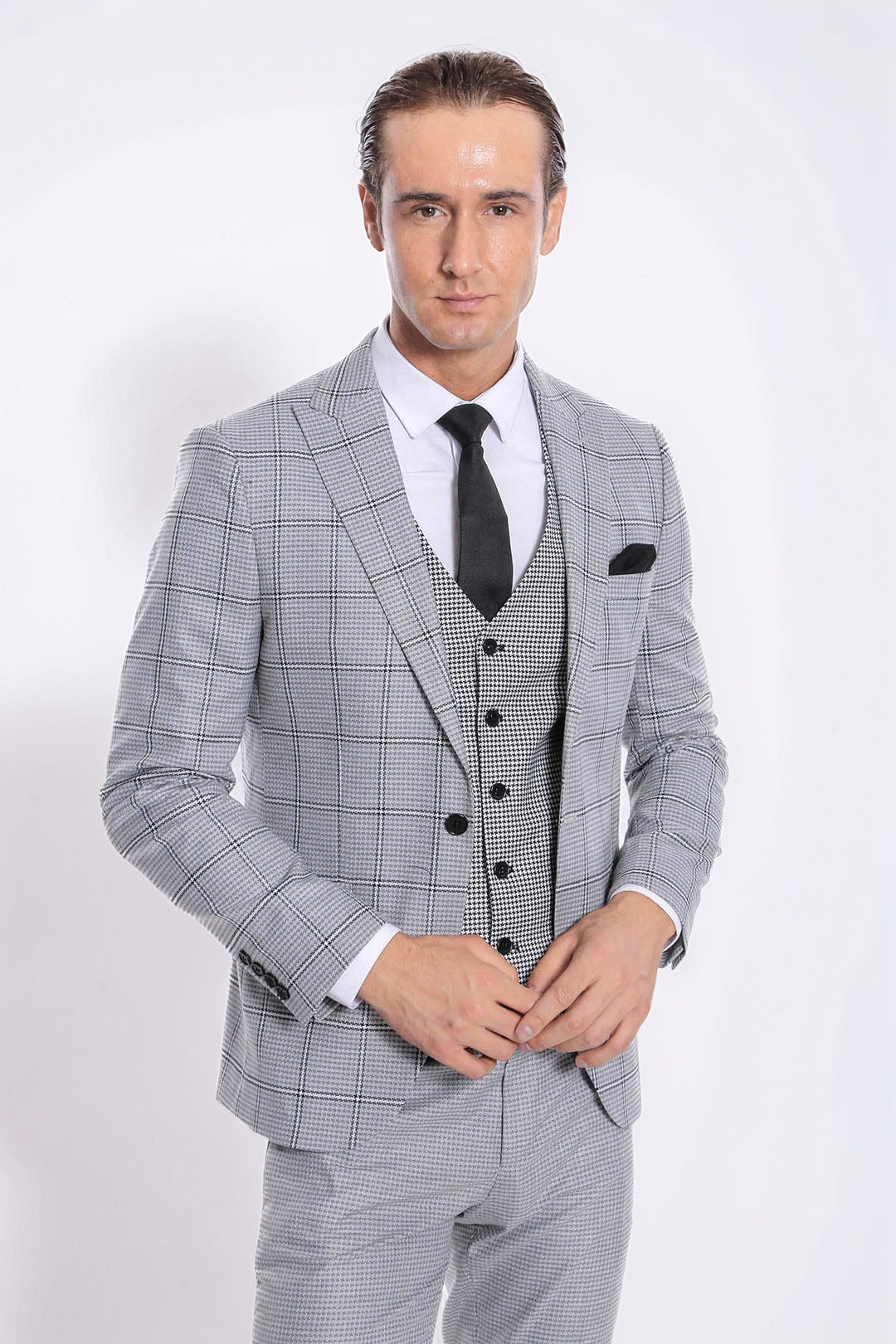 WSS Checked Patterned Slim Fit Grey Men Suit  - Gardena