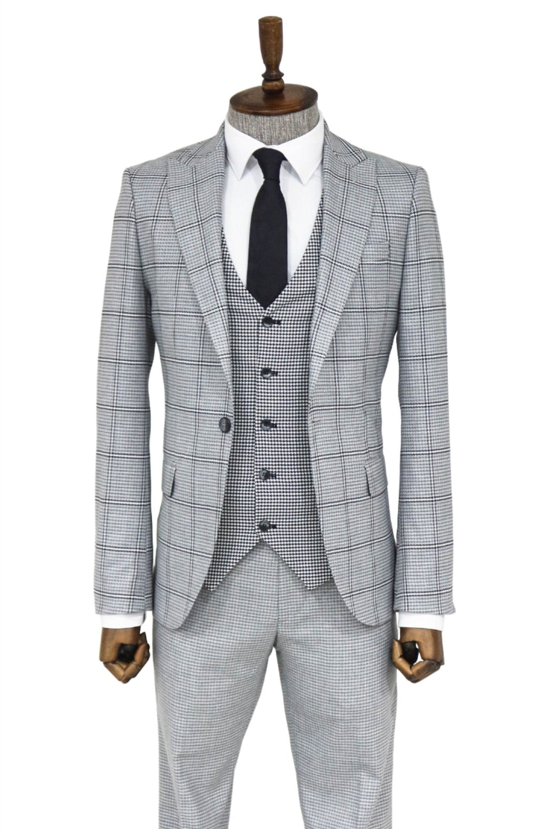 WSS Checked Patterned Slim Fit Grey Men Suit and Shirt Combination  - Boyarka