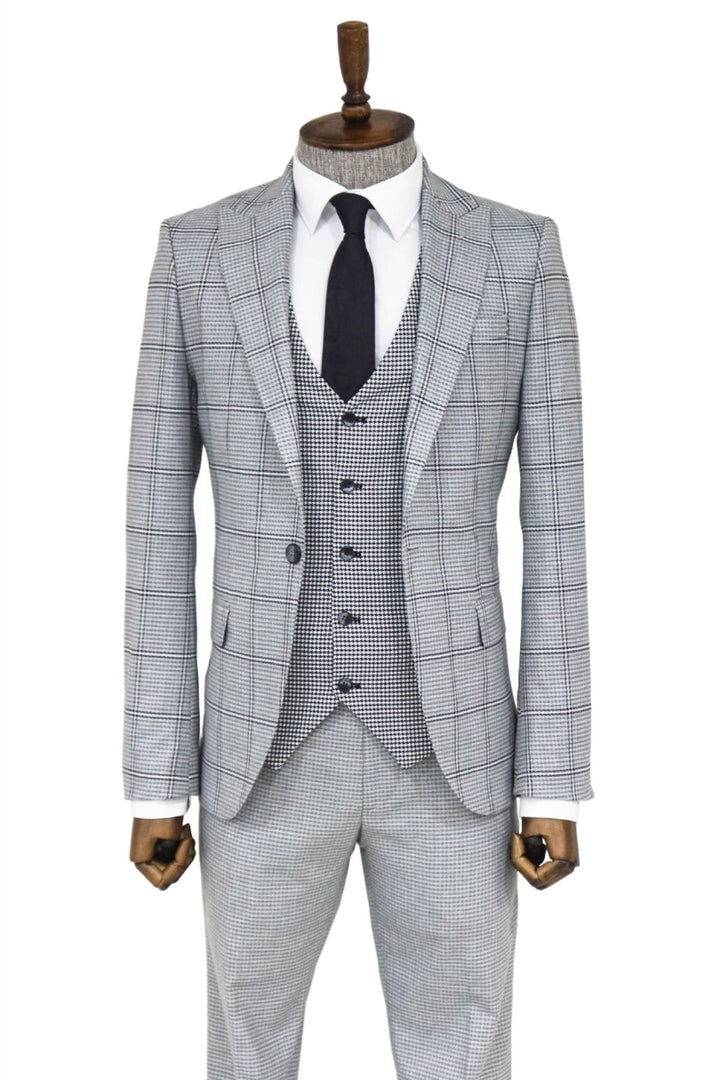 WSS Checked Patterned Slim Fit Grey Men Suit and Shirt Combination  - Boyarka