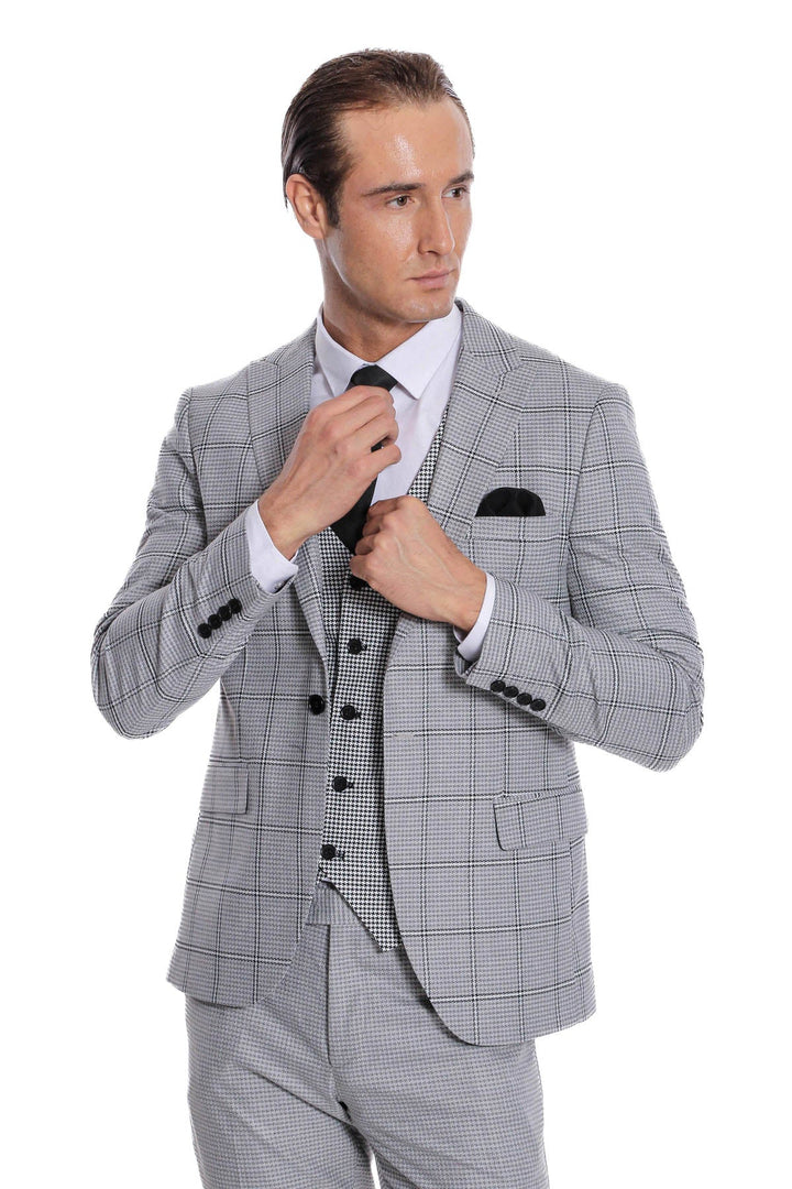 WSS Checked Patterned Slim Fit Grey Men Suit  - Cork