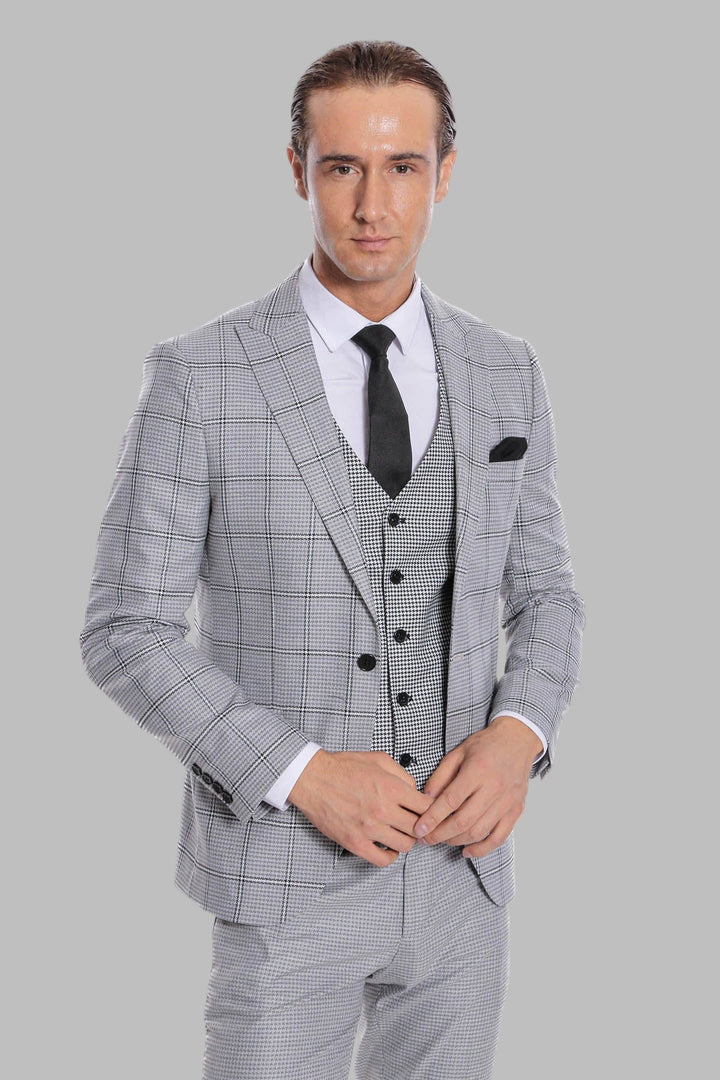 WSS Checked Patterned Slim Fit Grey Men Suit  - Cork