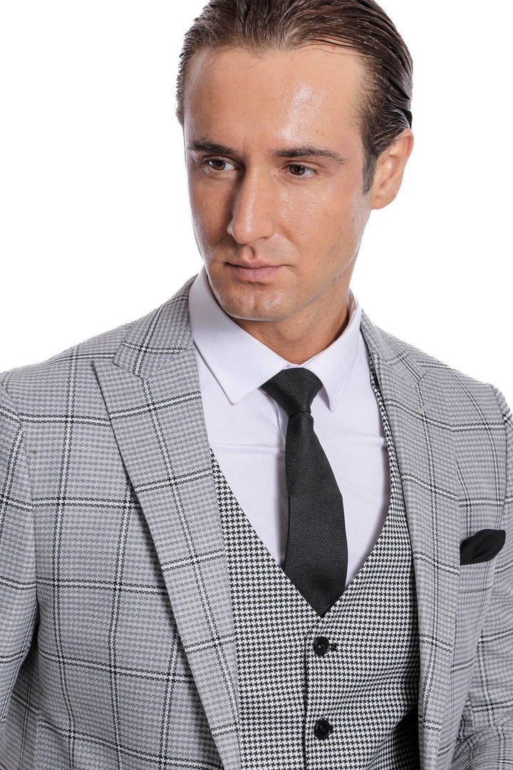 WSS Checked Patterned Slim Fit Grey Men Suit  - Cork