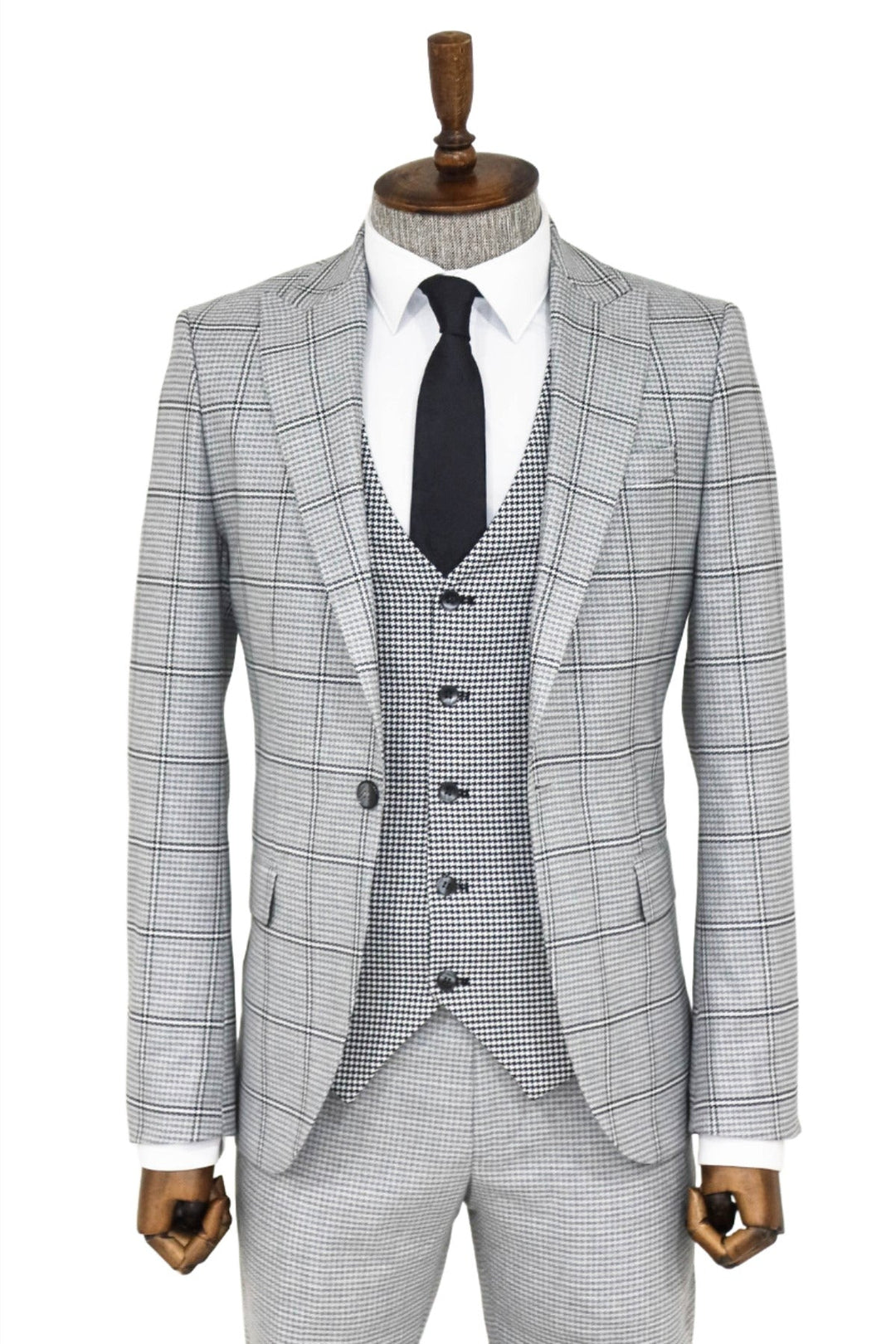 WSS Checked Patterned Slim Fit Grey Men Suit and Shirt Combination  - Boyarka
