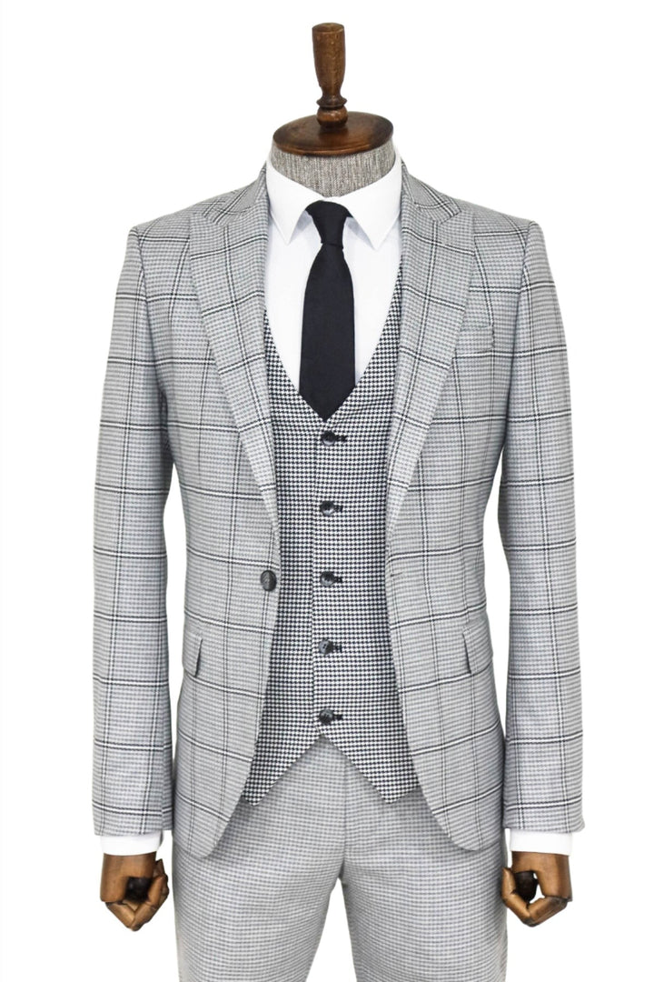 WSS Checked Patterned Slim Fit Grey Men Suit and Shirt Combination  - Boyarka