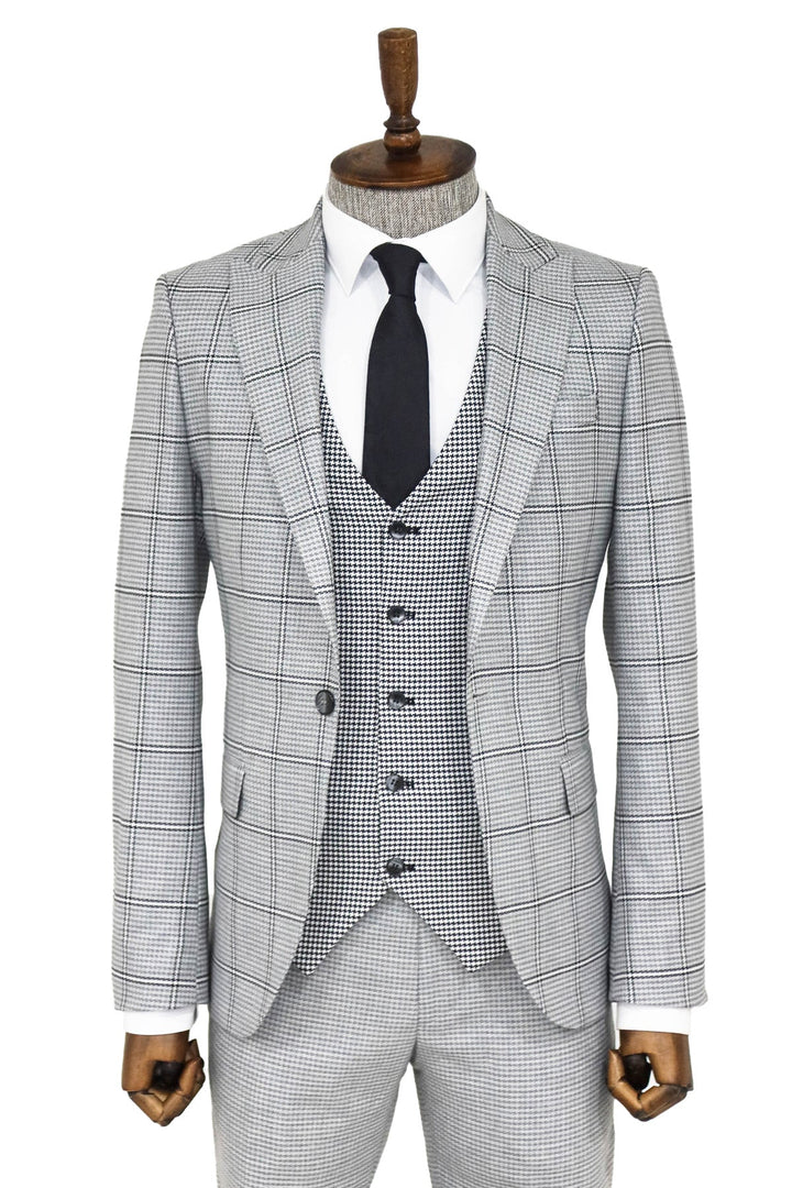 WSS Checked Patterned Slim Fit Grey Men Suit and Shirt Combination  - Boyarka