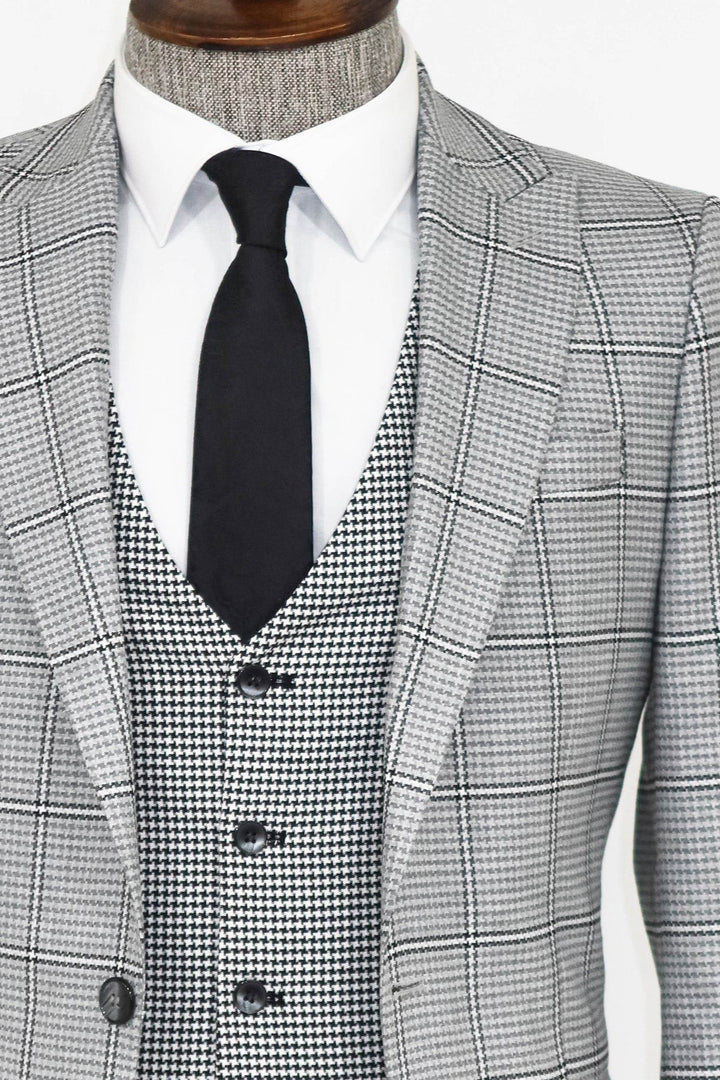 WSS Checked Patterned Slim Fit Grey Men Suit and Shirt Combination  - Boyarka