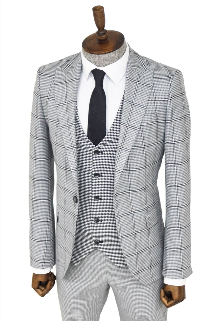 WSS Checked Patterned Slim Fit Grey Men Suit and Shirt Combination  - Boyarka