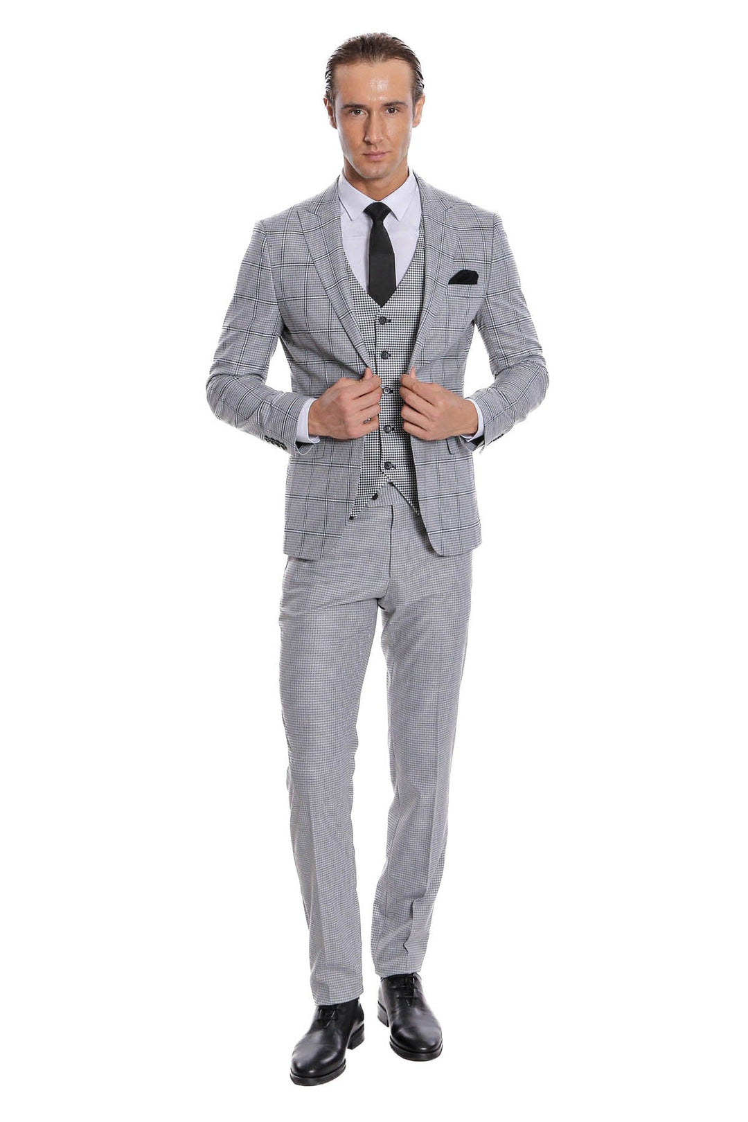 WSS Checked Patterned Slim Fit Grey Men Suit  - Cork