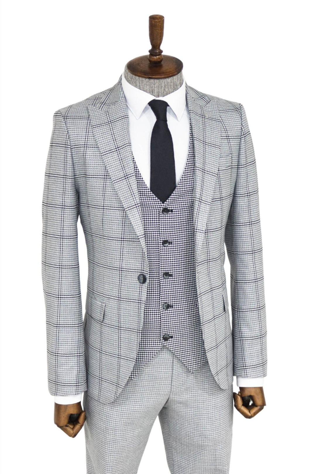 WSS Checked Patterned Slim Fit Grey Men Suit and Shirt Combination  - Boyarka