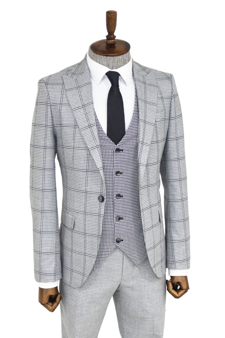 WSS Checked Patterned Slim Fit Grey Men Suit and Shirt Combination  - Boyarka