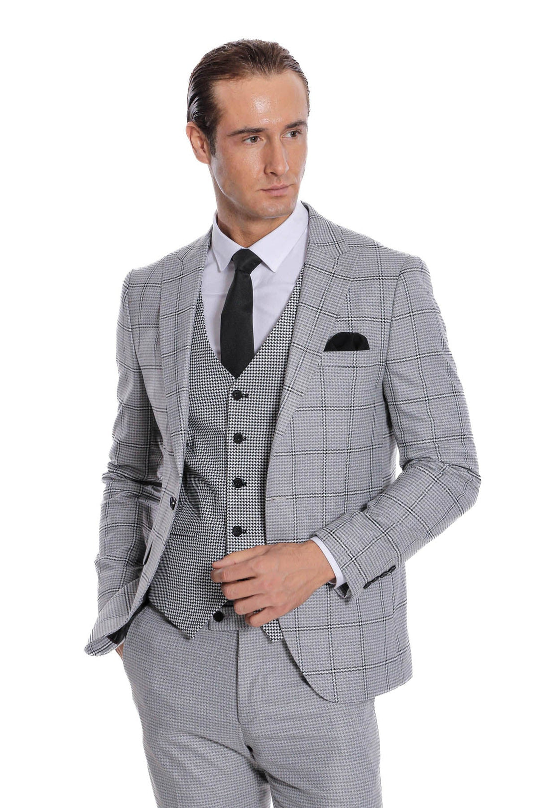 WSS Checked Patterned Slim Fit Grey Men Suit  - Cork