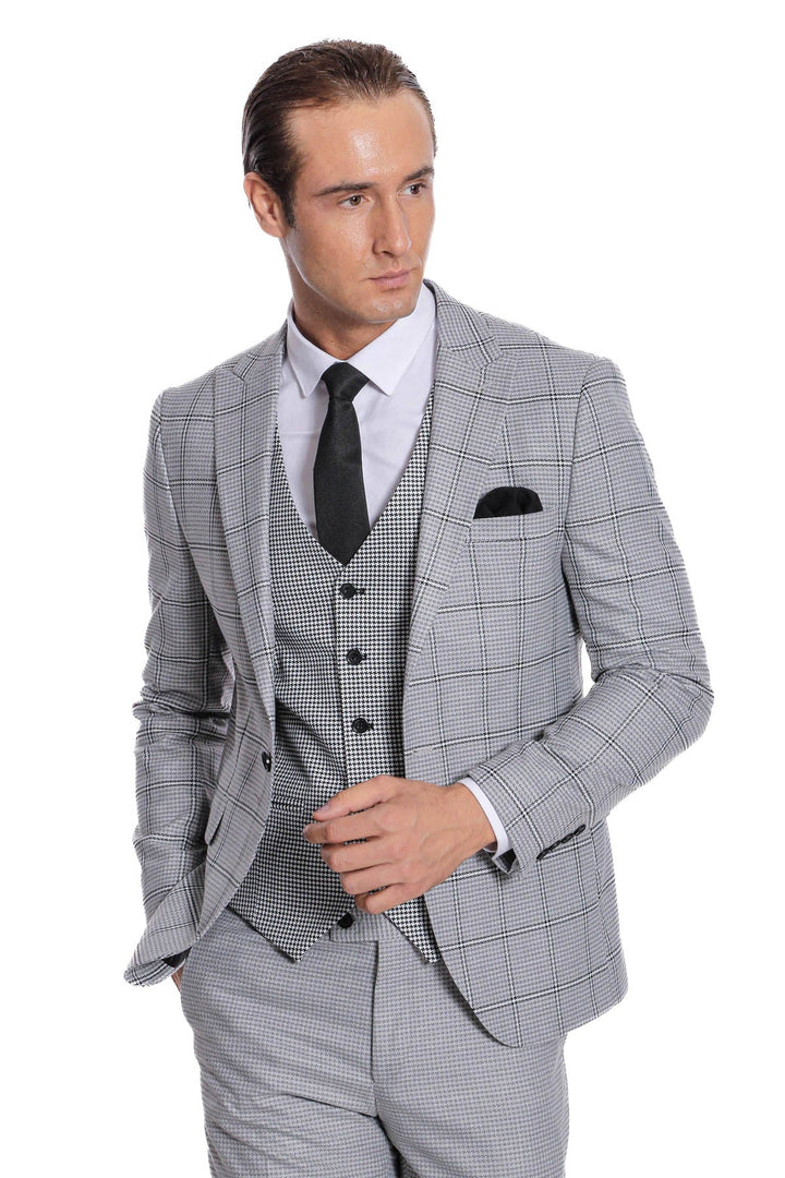 WSS Checked Patterned Slim Fit Grey Men Suit  - Cork
