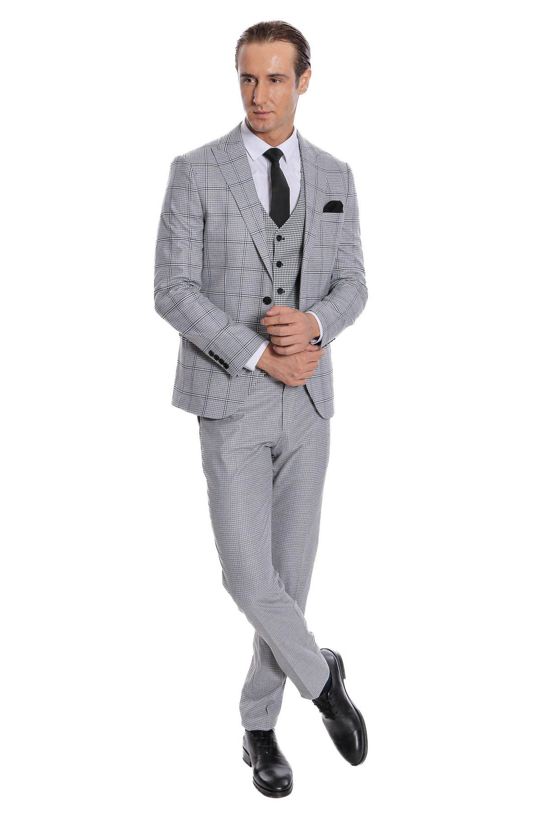 WSS Checked Patterned Slim Fit Grey Men Suit  - Cork