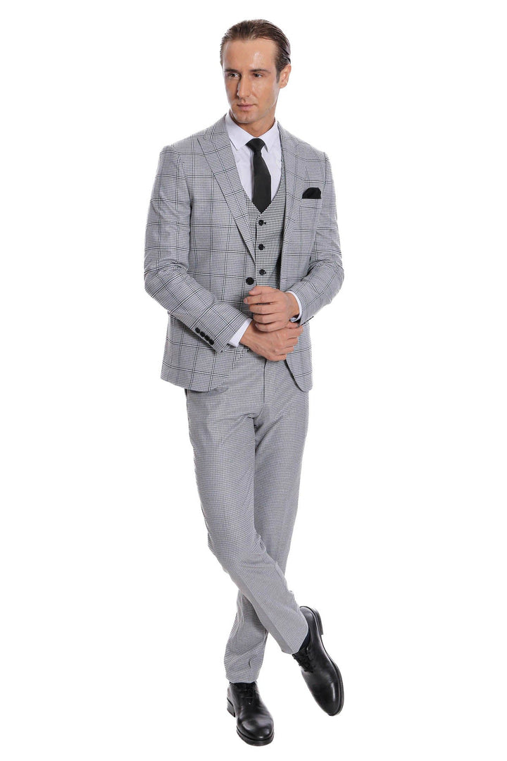 WSS Checked Patterned Slim Fit Grey Men Suit  - Cork