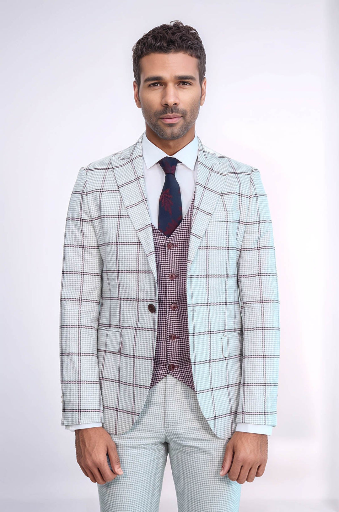 WSS Checked Patterned Vested Light Grey Men Suit  - Novovolynsk