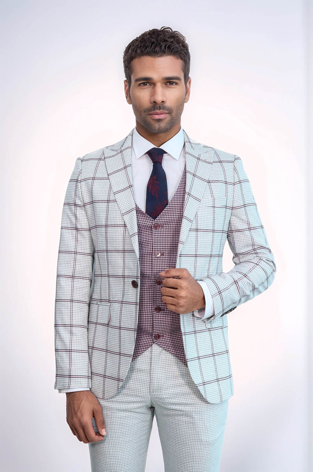 WSS Checked Patterned Vested Light Grey Men Suit  - Novovolynsk