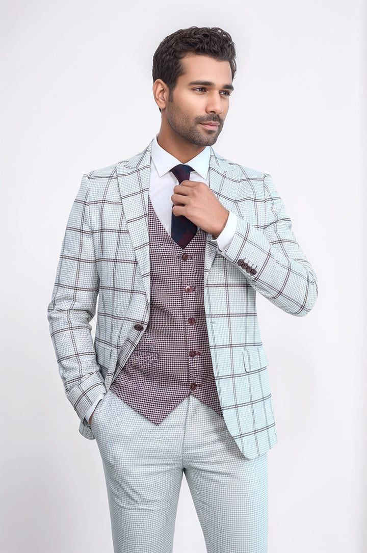 WSS Checked Patterned Vested Light Grey Men Suit  - Pasadena