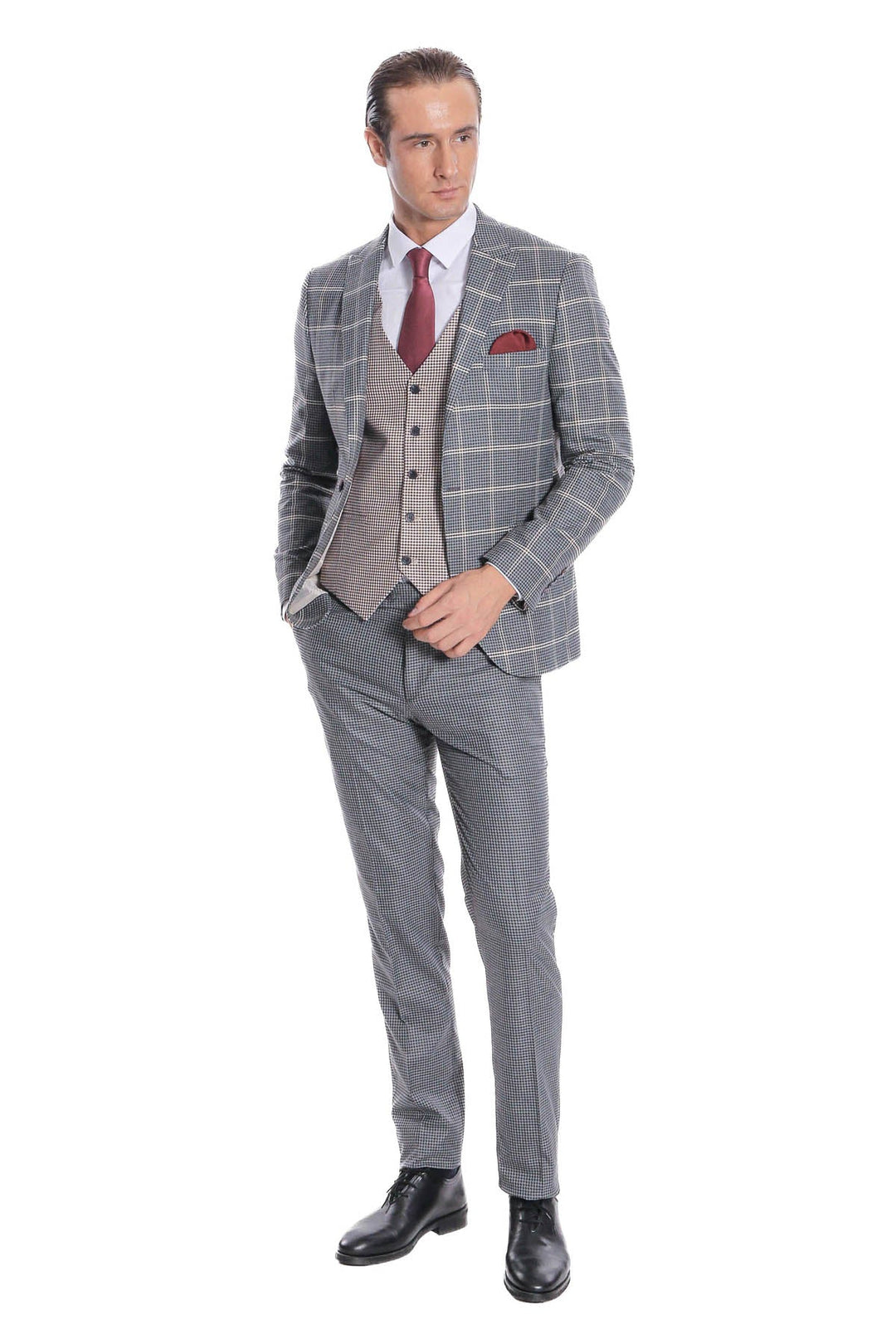 WSS Checked Patterned Beige Vested Slim Fit Grey Men Suit  - Temecula