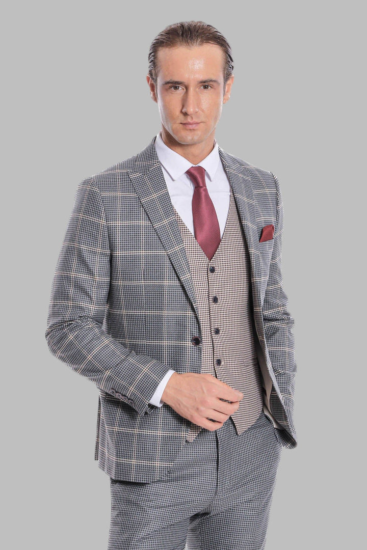 WSS Checked Patterned Beige Vested Slim Fit Grey Men Suit  - Temecula