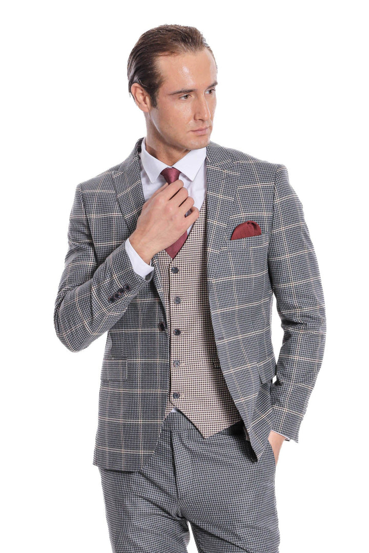 WSS Checked Patterned Beige Vested Slim Fit Grey Men Suit  - Temecula
