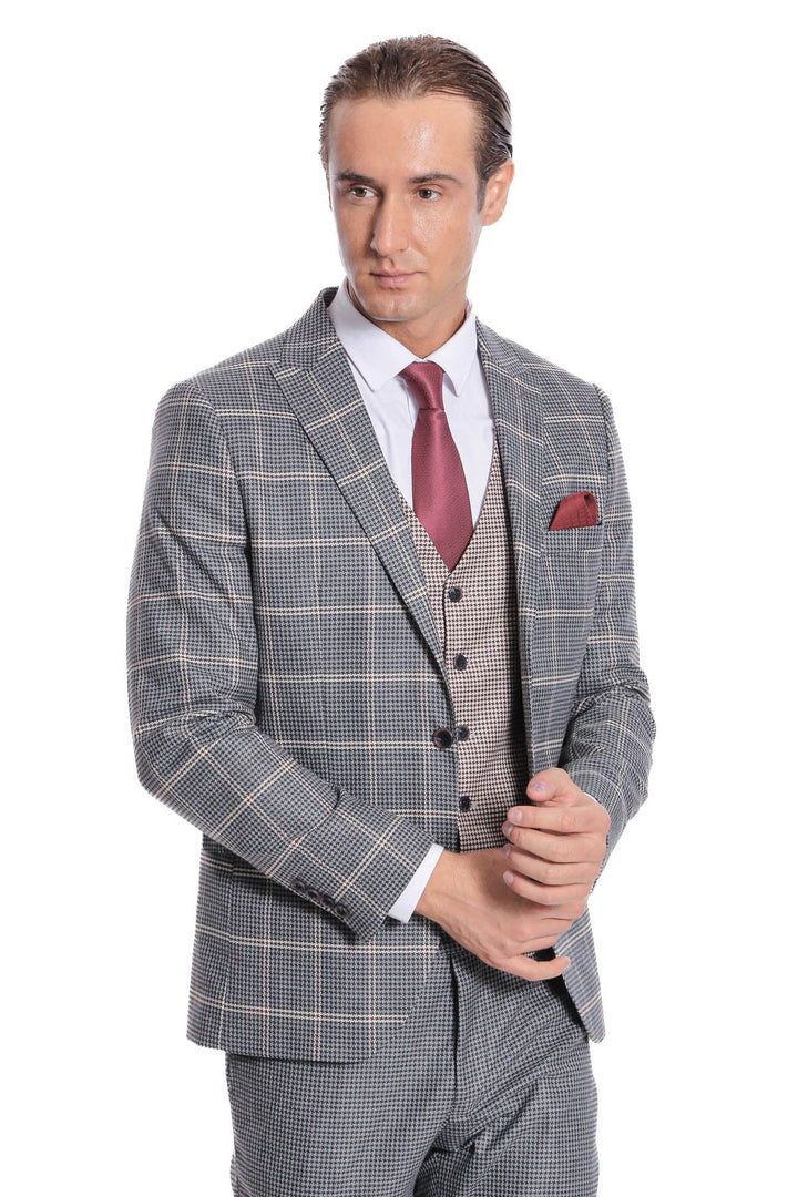 WSS Checked Patterned Beige Vested Slim Fit Grey Men Suit  - Temecula