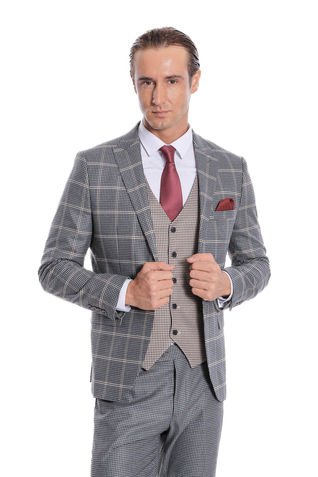 WSS Checked Patterned Beige Vested Slim Fit Grey Men Suit  - Temecula
