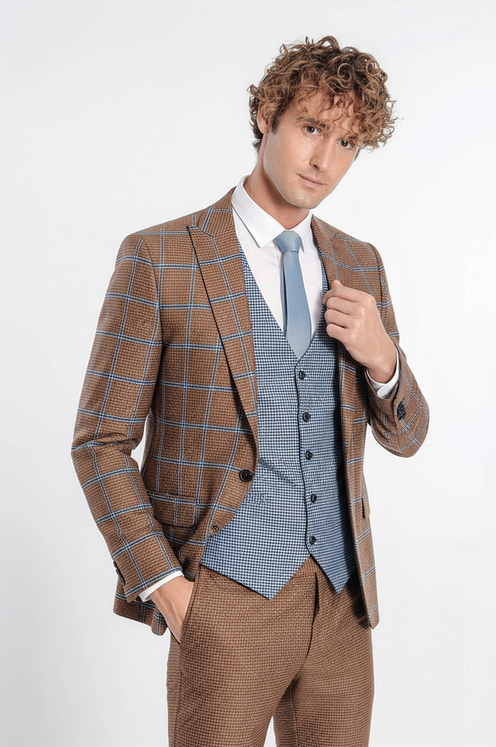 WSS Checked Patterned Slim Fit Brown Men Suit  - Lombard