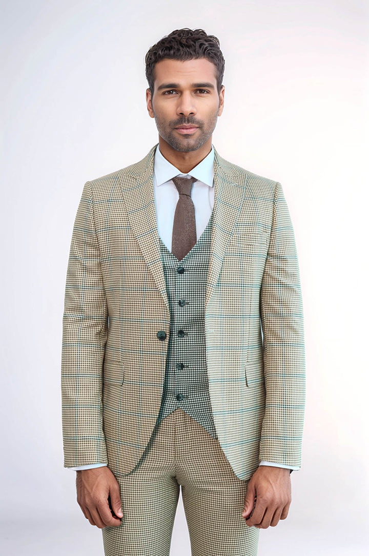 WSS Checked Patterned Slim Fit Beige Men Suit  - Argyroúpoli