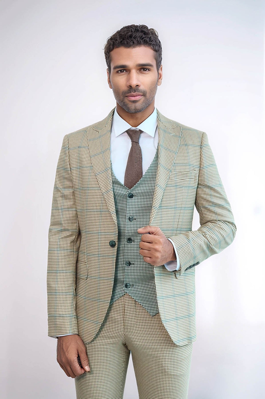 WSS Checked Patterned Slim Fit Beige Men Suit  - Argyroúpoli