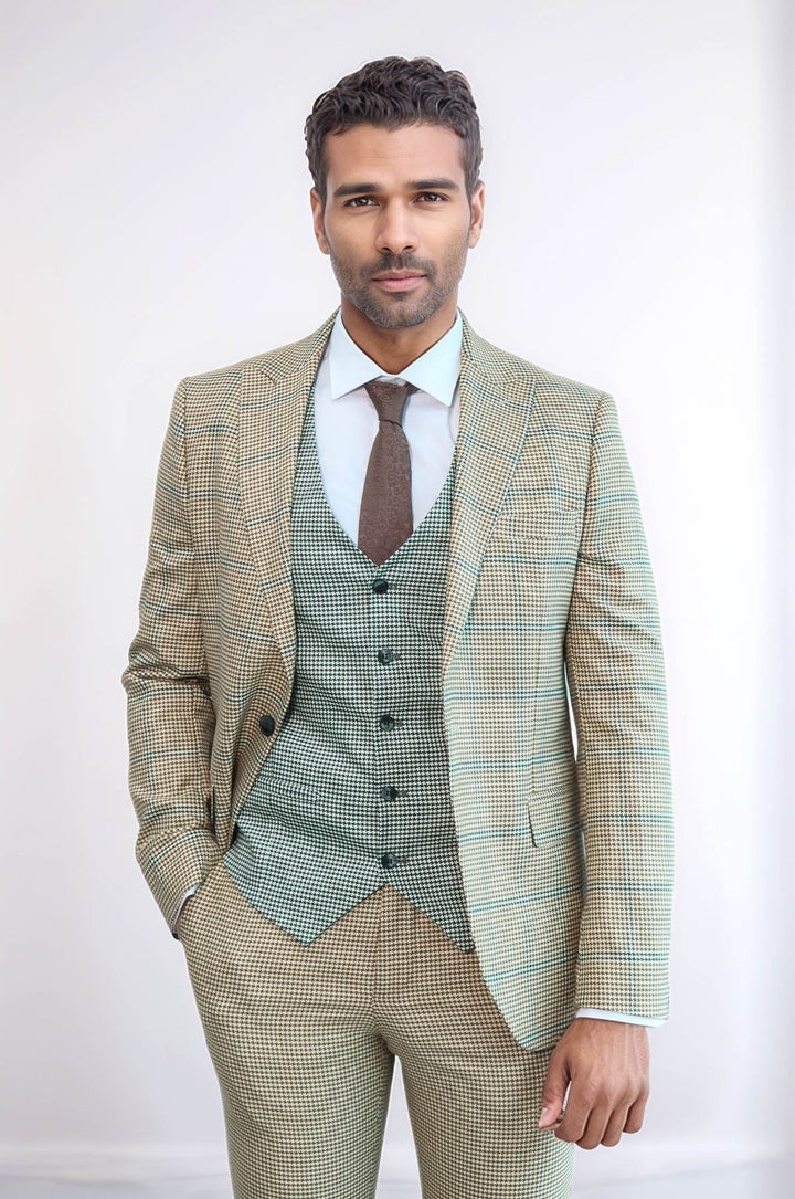 WSS Checked Patterned Slim Fit Beige Men Suit  - Argyroúpoli