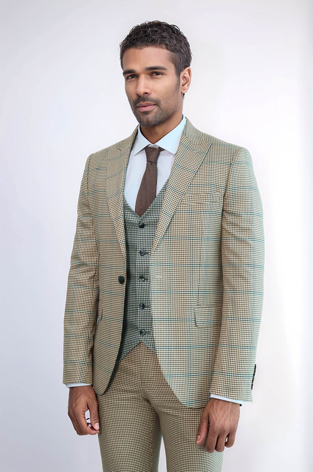 WSS Checked Patterned Slim Fit Beige Men Suit  - Argyroúpoli