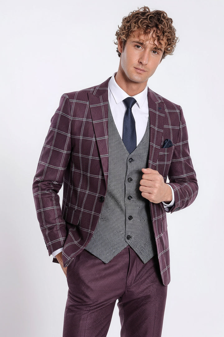 WSS Checked Patterned Slim Fit Burgundy Men Suit  - Barnsley