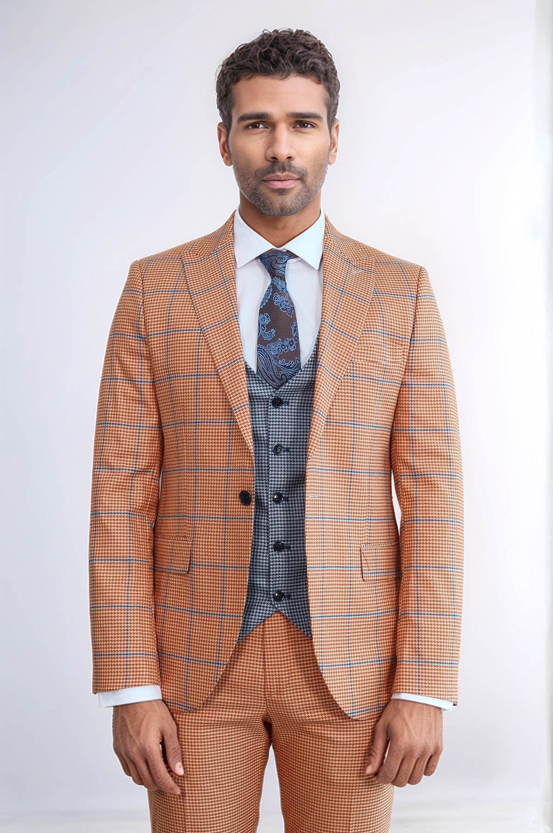 WSS Checked Patterned Slim Fit Orange Men Suit  - Guelph