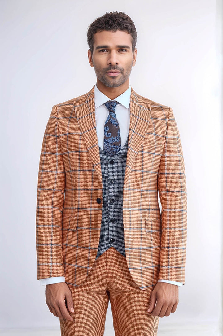 WSS Checked Patterned Slim Fit Orange Men Suit  - Guelph