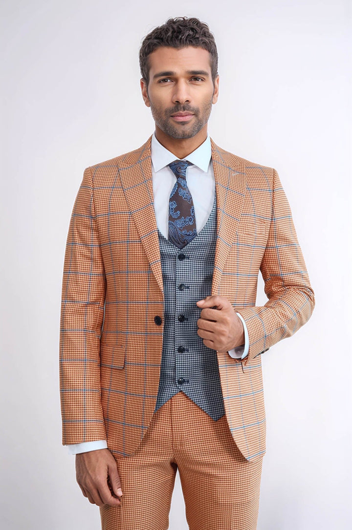 WSS Checked Patterned Slim Fit Orange Men Suit  - Guelph