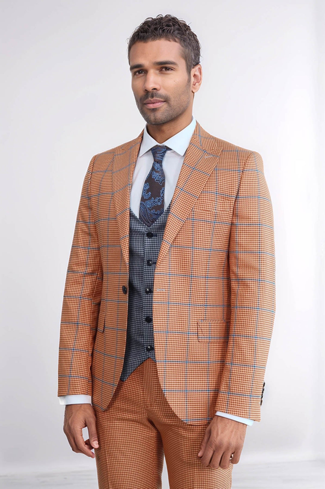WSS Checked Patterned Slim Fit Orange Men Suit  - Guelph