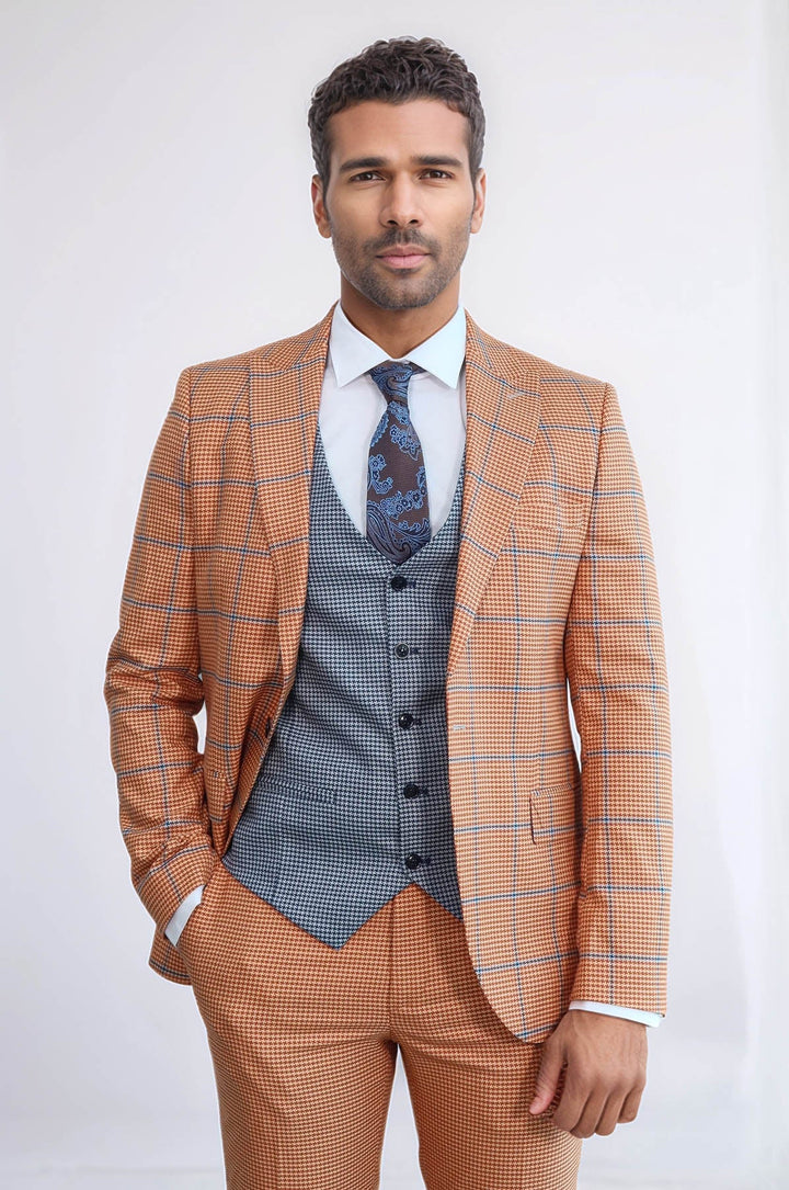 WSS Checked Patterned Slim Fit Orange Men Suit  - Guelph
